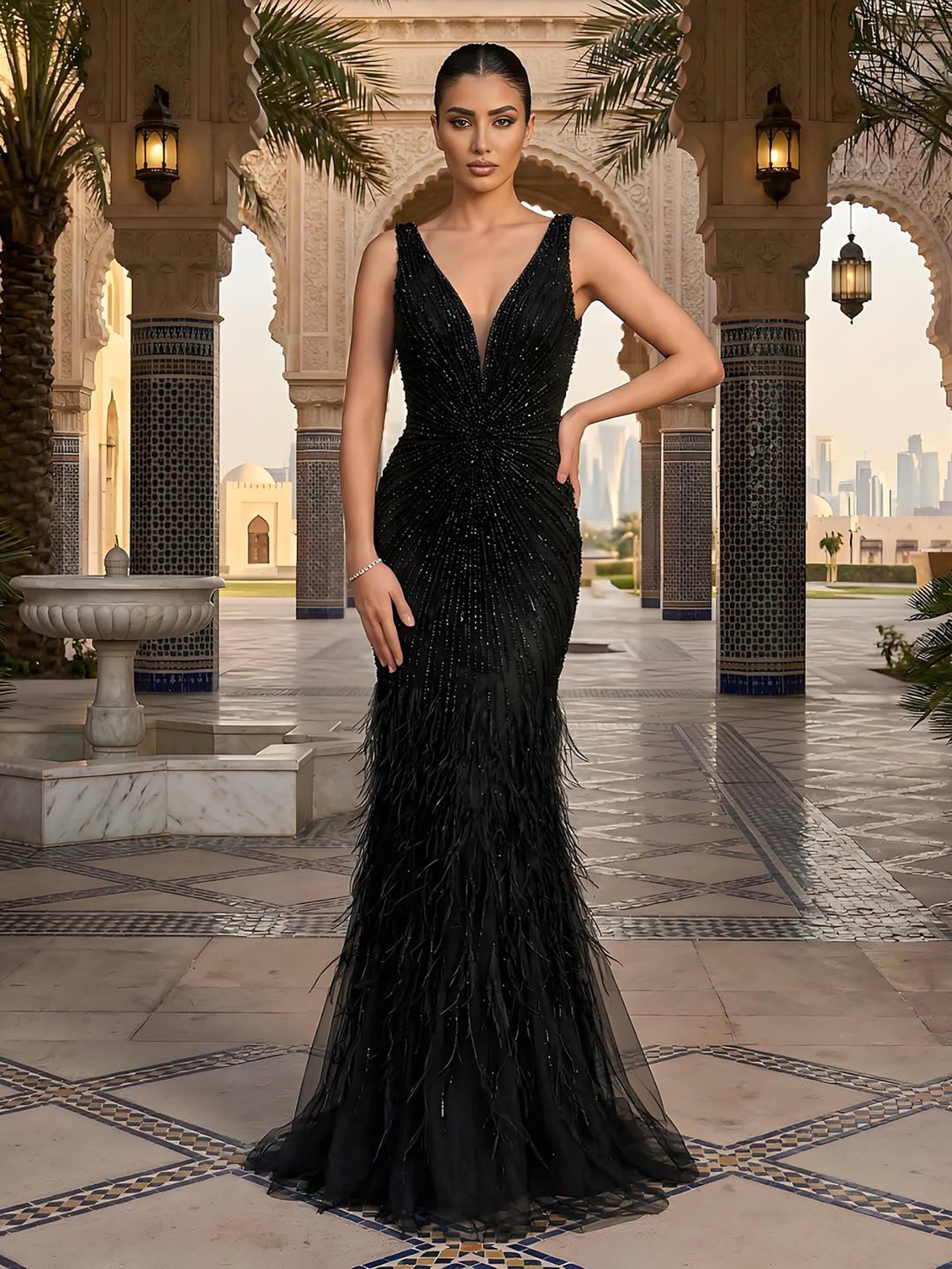 Luxury Blue Spaghetti Strap Beaded Feather Mermaid Evening Dress LA72525 - SERENE  HILL