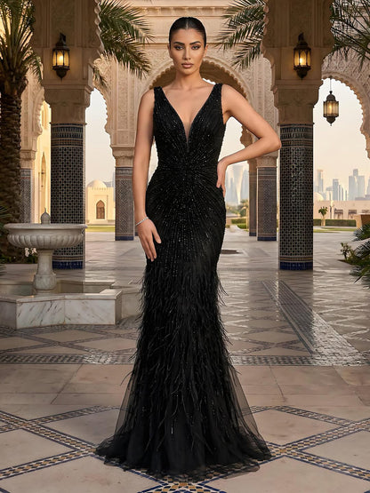 Luxury Blue Spaghetti Strap Beaded Feather Mermaid Evening Dress LA72525 - SERENE  HILL