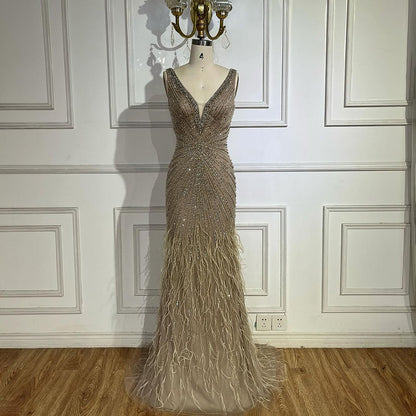 Luxury Blue Spaghetti Strap Beaded Feather Mermaid Evening Dress LA72525 - SERENE  HILL