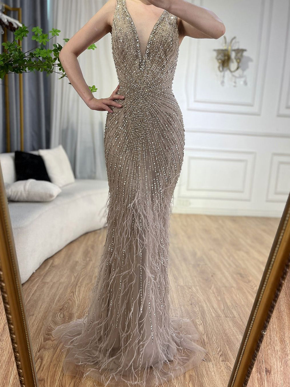Luxury Blue Spaghetti Strap Beaded Feather Mermaid Evening Dress LA72525 - SERENE  HILL