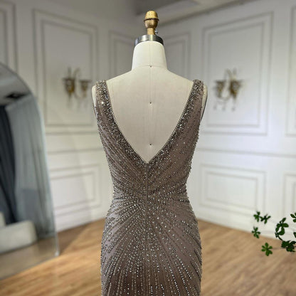 Luxury Blue Spaghetti Strap Beaded Feather Mermaid Evening Dress LA72525 - SERENE  HILL