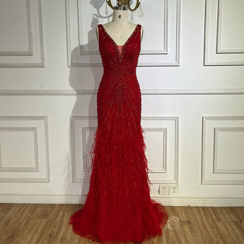 Luxury Blue Spaghetti Strap Beaded Feather Mermaid Evening Dress LA72525 - SERENE  HILL