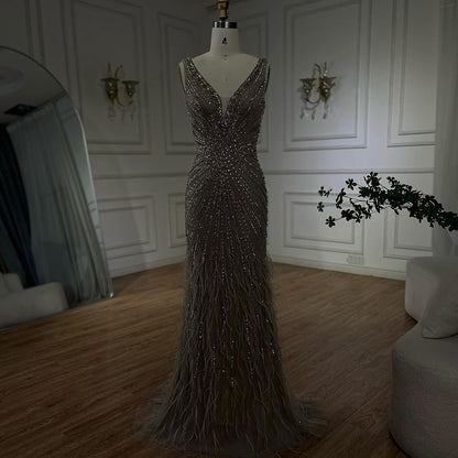 Luxury Blue Spaghetti Strap Beaded Feather Mermaid Evening Dress LA72525 - SERENE  HILL