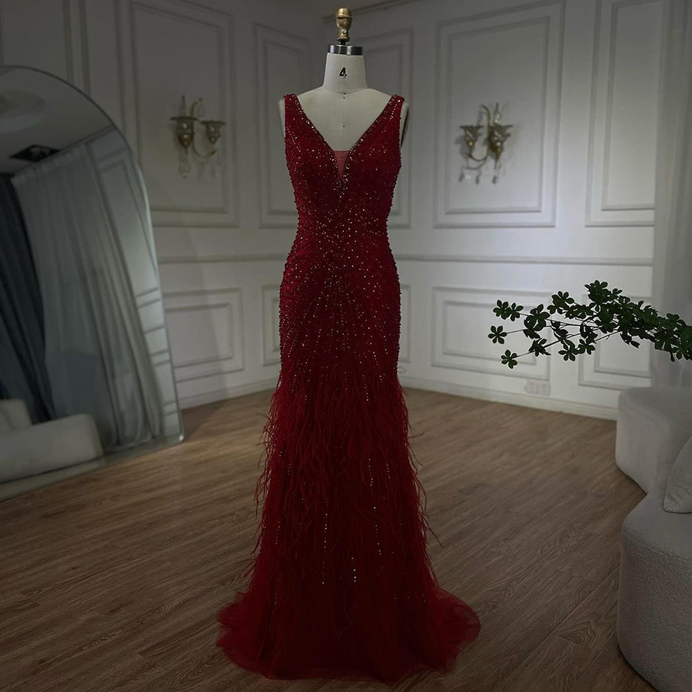 Luxury Blue Spaghetti Strap Beaded Feather Mermaid Evening Dress LA72525 - SERENE  HILL