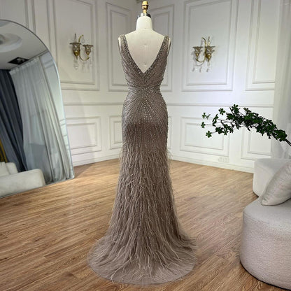 Luxury Blue Spaghetti Strap Beaded Feather Mermaid Evening Dress LA72525 - SERENE  HILL