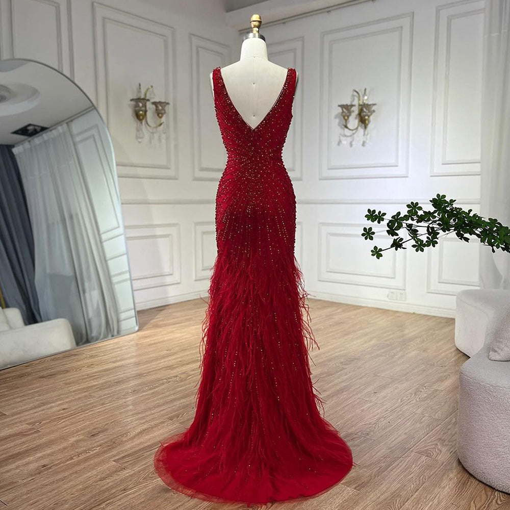Luxury Blue Spaghetti Strap Beaded Feather Mermaid Evening Dress LA72525 - SERENE  HILL
