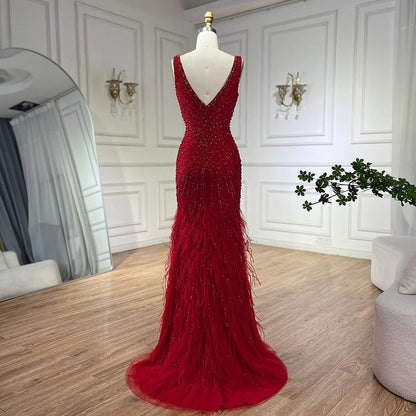 Luxury Blue Spaghetti Strap Beaded Feather Mermaid Evening Dress LA72525 - SERENE  HILL
