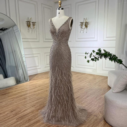 Luxury Blue Spaghetti Strap Beaded Feather Mermaid Evening Dress LA72525 - SERENE  HILL