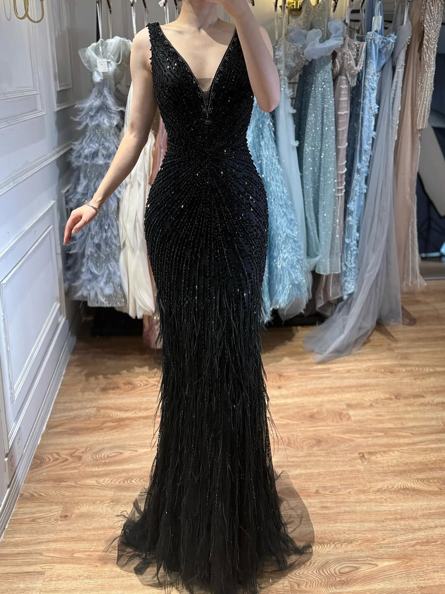 Luxury Blue Spaghetti Strap Beaded Feather Mermaid Evening Dress LA72525 - SERENE  HILL