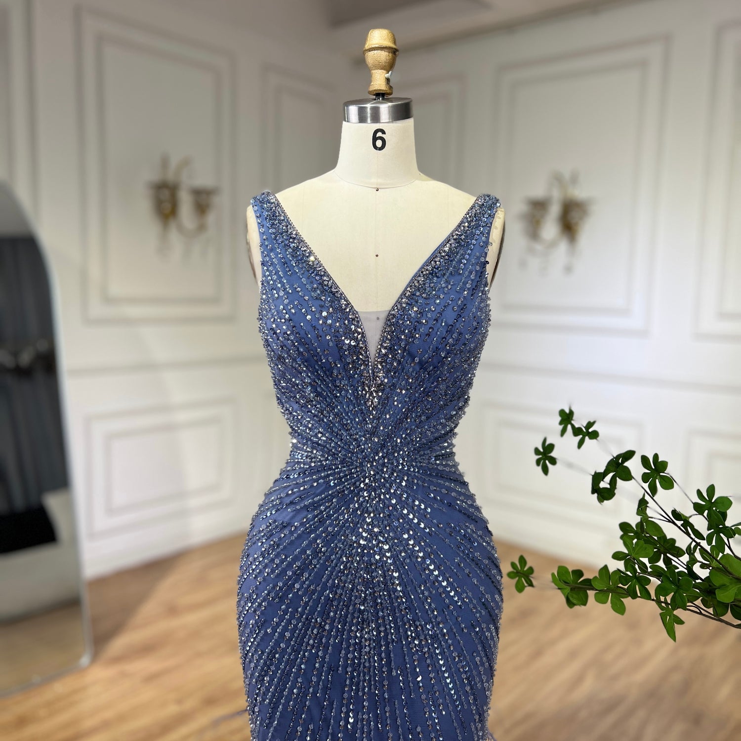 Luxury Blue Spaghetti Strap Beaded Feather Mermaid Evening Dress LA72525 - SERENE  HILL