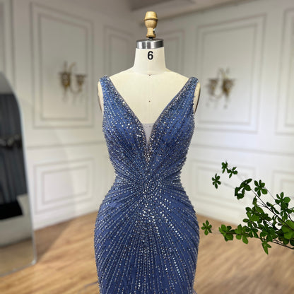 Luxury Blue Spaghetti Strap Beaded Feather Mermaid Evening Dress LA72525 - SERENE  HILL