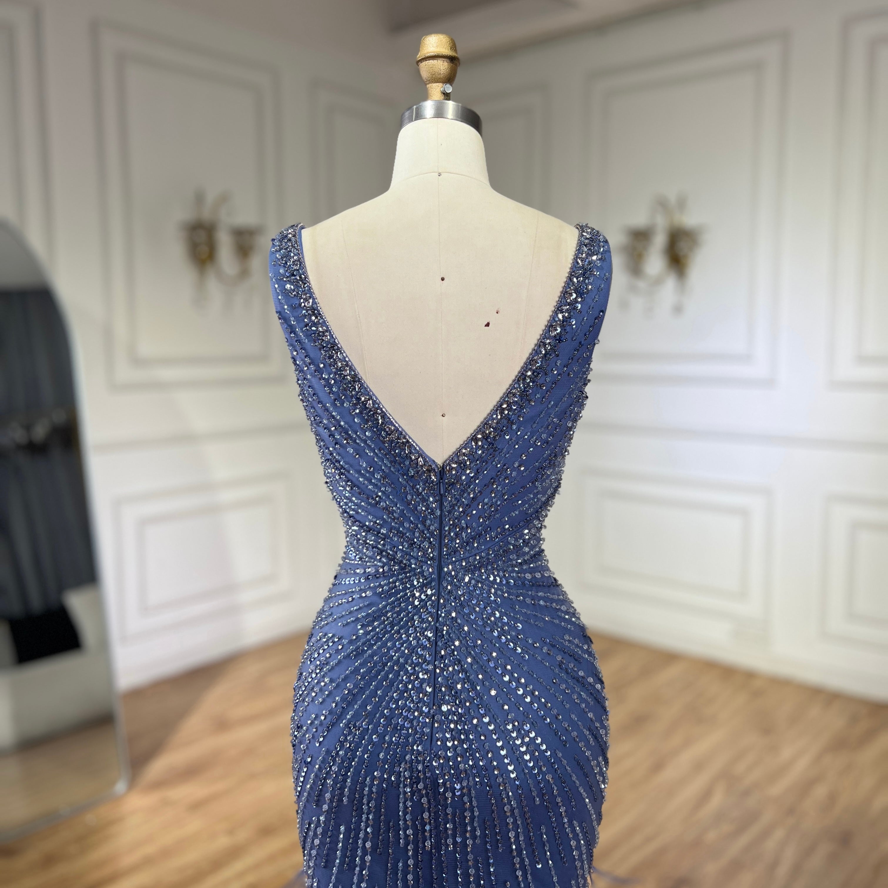 Luxury Blue Spaghetti Strap Beaded Feather Mermaid Evening Dress LA72525 - SERENE  HILL
