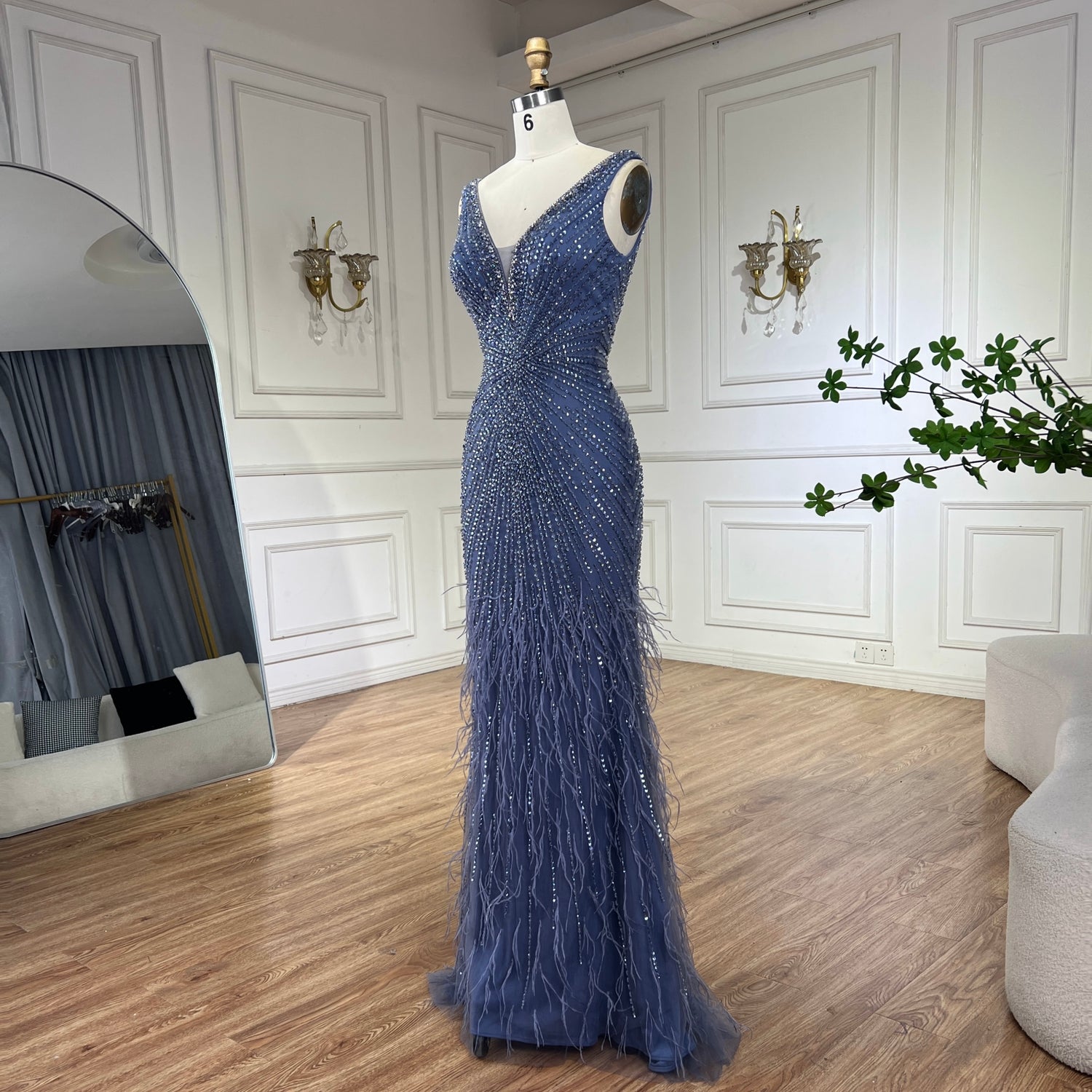 Luxury Blue Spaghetti Strap Beaded Feather Mermaid Evening Dress LA72525 - SERENE  HILL