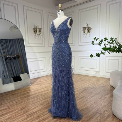 Luxury Blue Spaghetti Strap Beaded Feather Mermaid Evening Dress LA72525 - SERENE  HILL