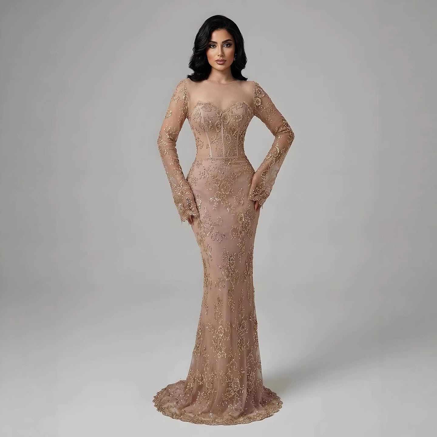 Luxury Arabic Lace Beaded Mermaid Evening Dress with Sleeves LA72545 - SERENE  HILL