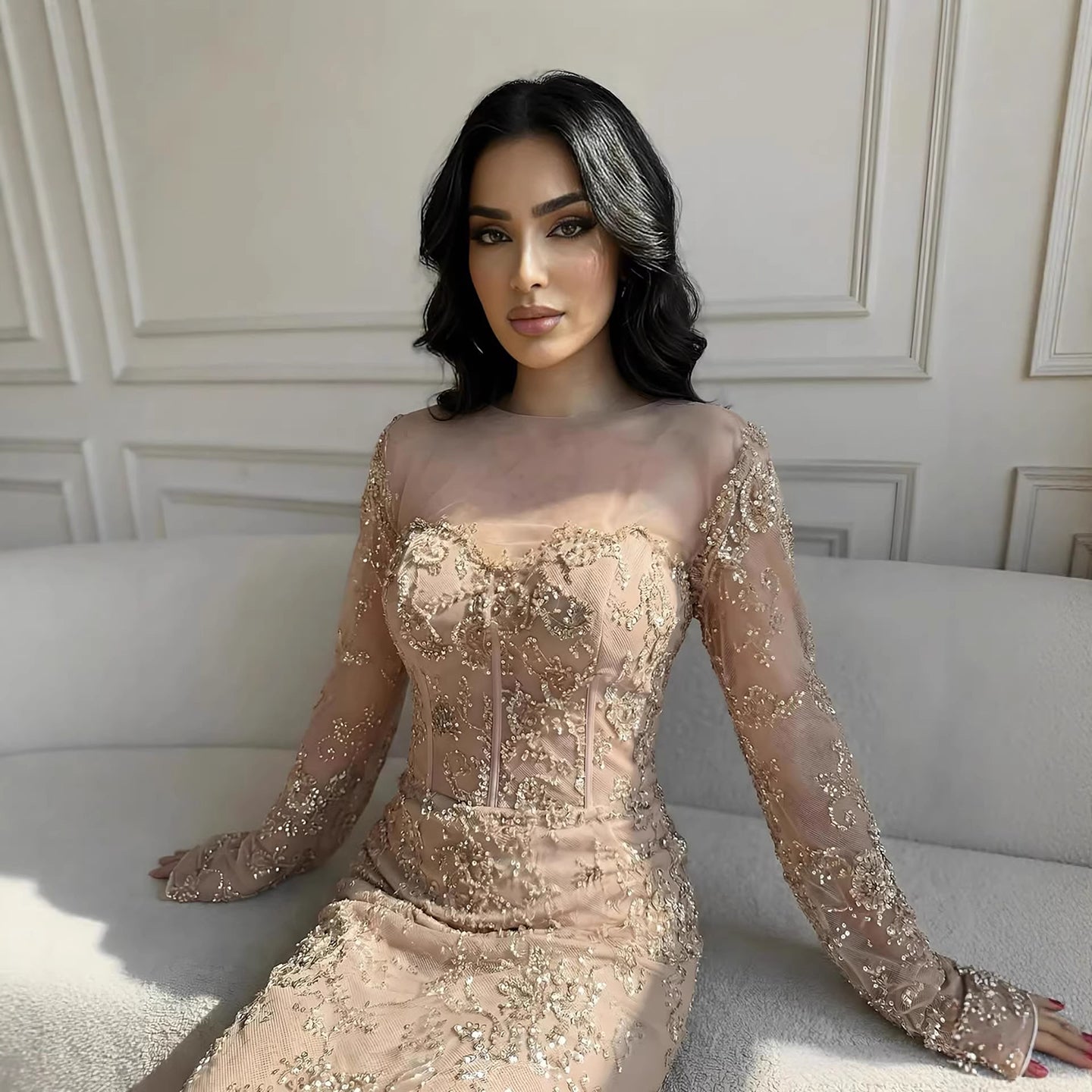 Luxury Arabic Lace Beaded Mermaid Evening Dress with Sleeves LA72545 - SERENE  HILL