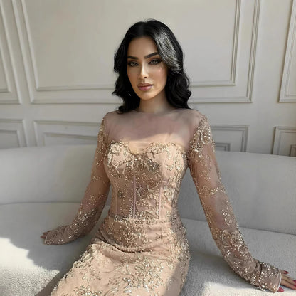 Luxury Arabic Lace Beaded Mermaid Evening Dress with Sleeves LA72545 - SERENE  HILL