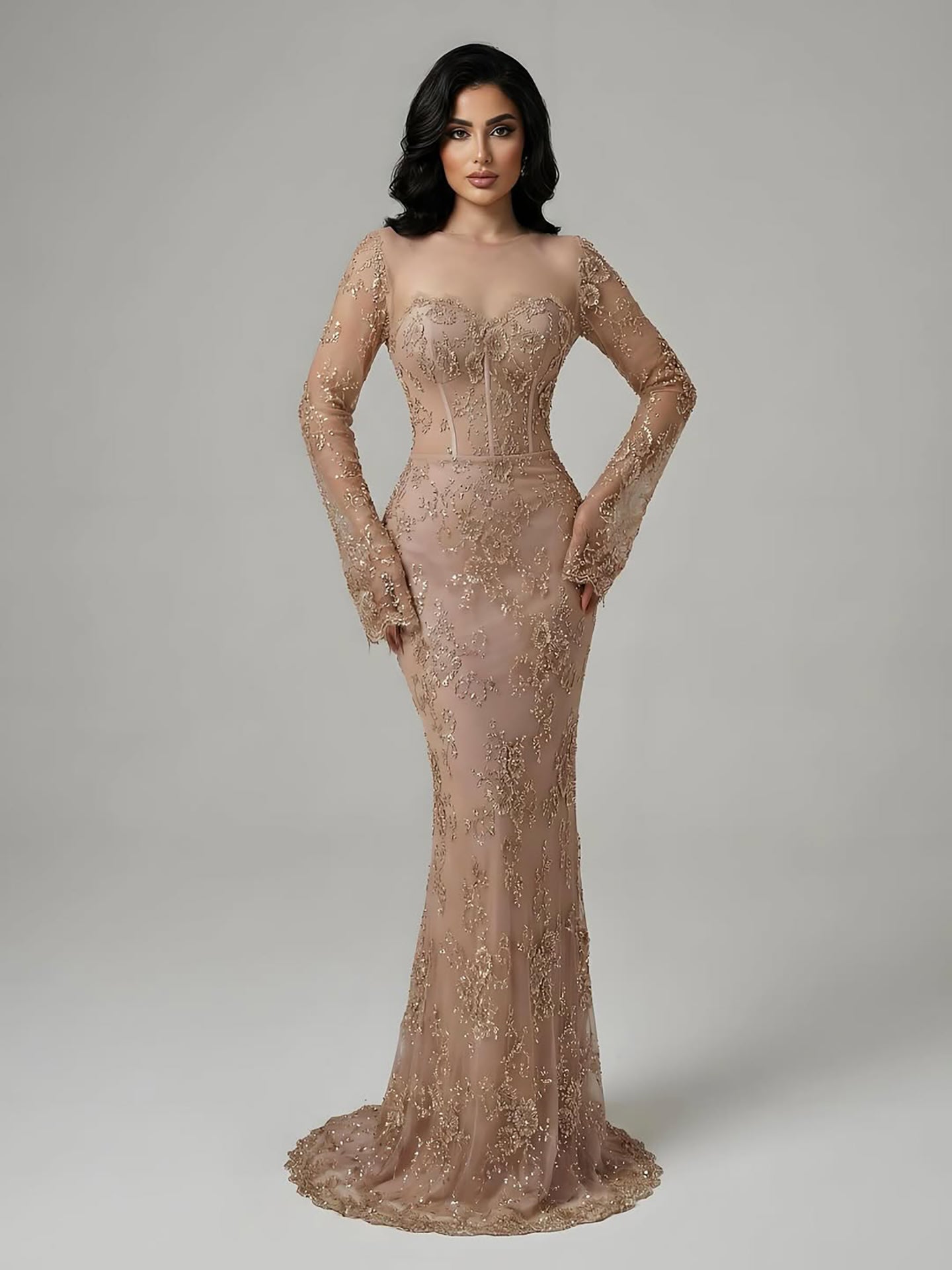 Luxury Arabic Lace Beaded Mermaid Evening Dress with Sleeves LA72545 - SERENE  HILL