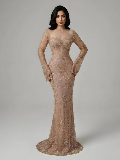 Luxury Arabic Lace Beaded Mermaid Evening Dress with Sleeves LA72545 - SERENE  HILL