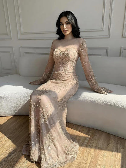 Luxury Arabic Lace Beaded Mermaid Evening Dress with Sleeves LA72545 - SERENE  HILL