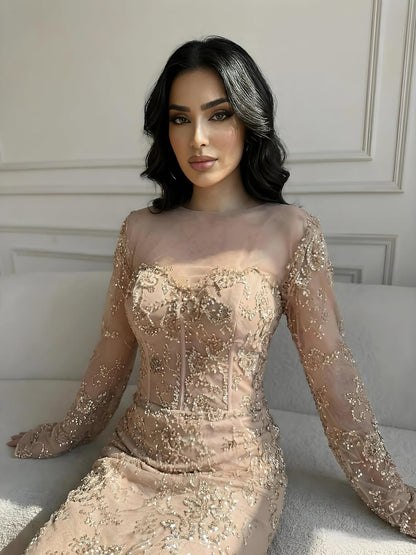 Luxury Arabic Lace Beaded Mermaid Evening Dress with Sleeves LA72545 - SERENE  HILL