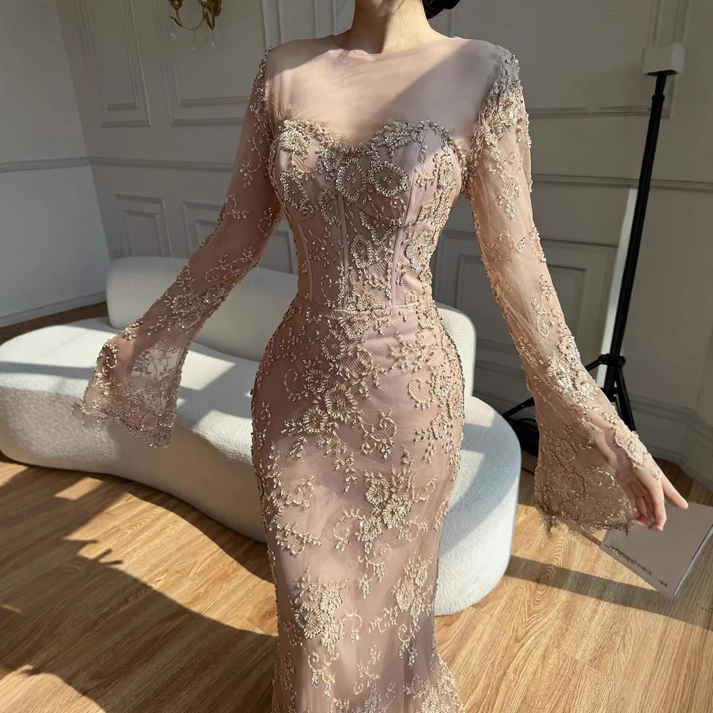 Luxury Arabic Lace Beaded Mermaid Evening Dress with Sleeves LA72545 - SERENE  HILL