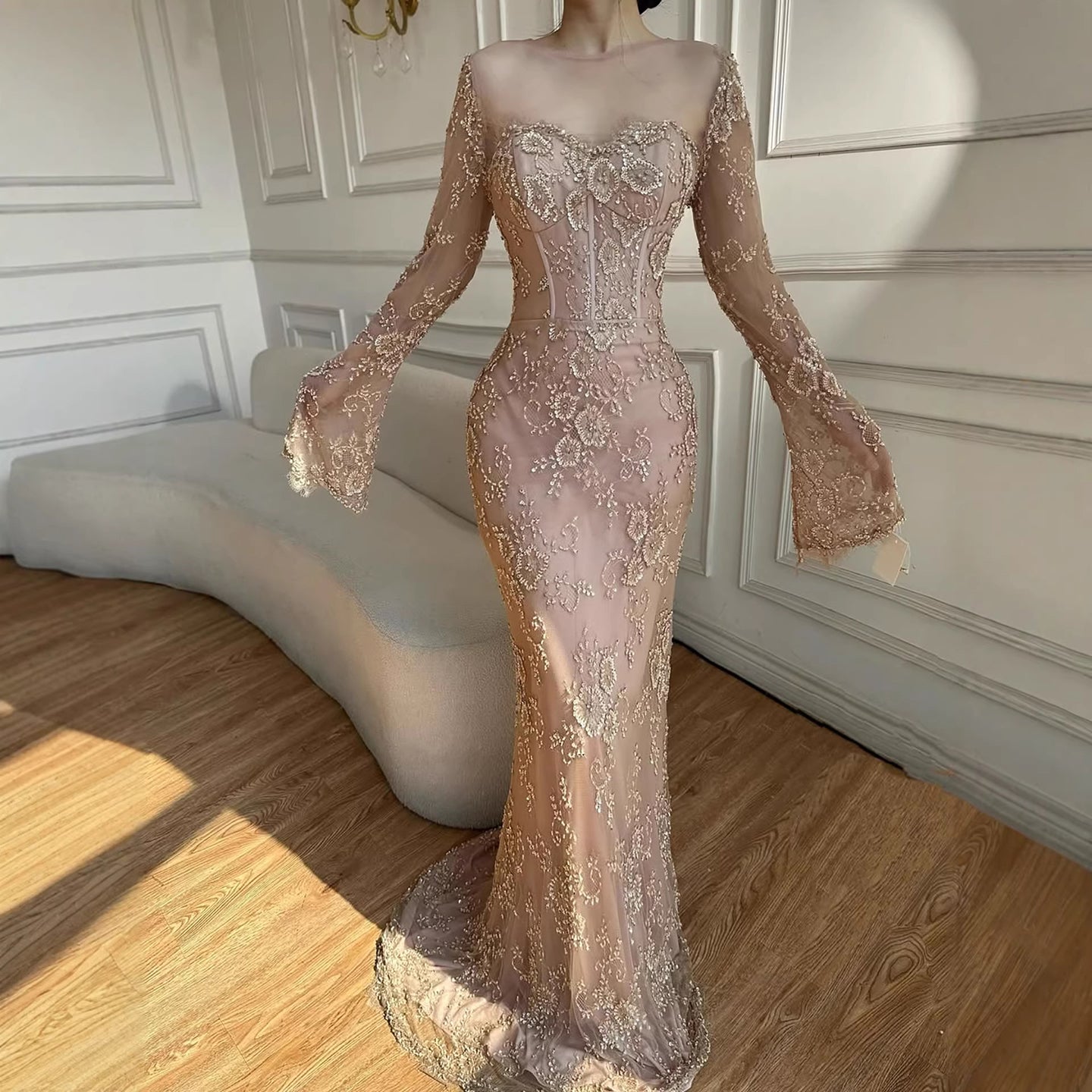 Luxury Arabic Lace Beaded Mermaid Evening Dress with Sleeves LA72545 - SERENE  HILL