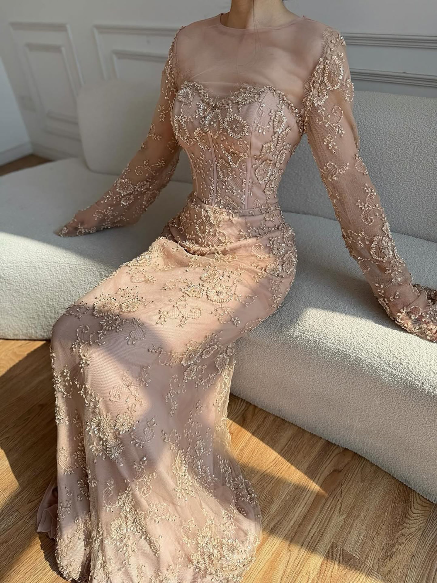 Luxury Arabic Lace Beaded Mermaid Evening Dress with Sleeves LA72545 - SERENE  HILL