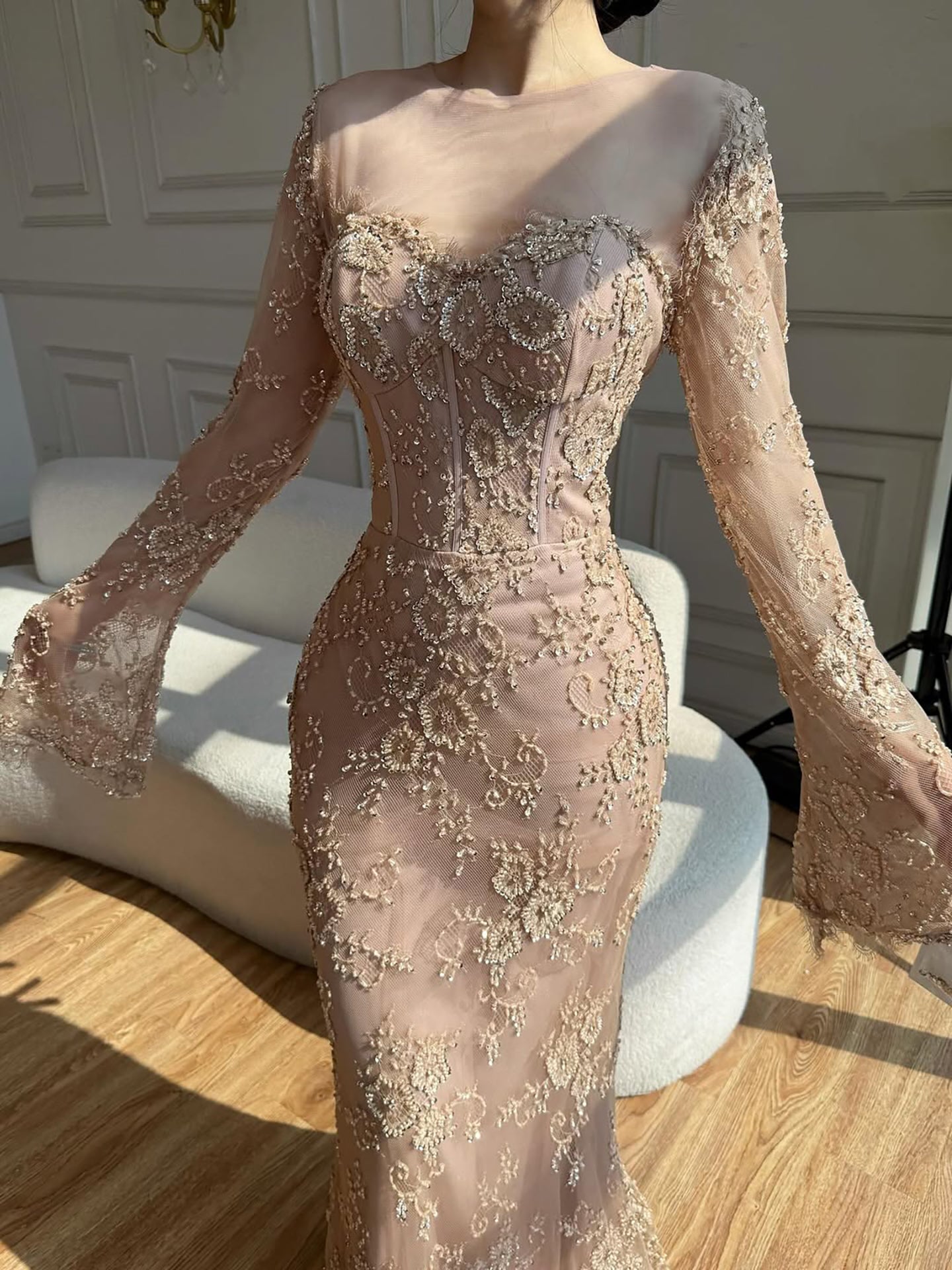 Luxury Arabic Lace Beaded Mermaid Evening Dress with Sleeves LA72545 - SERENE  HILL