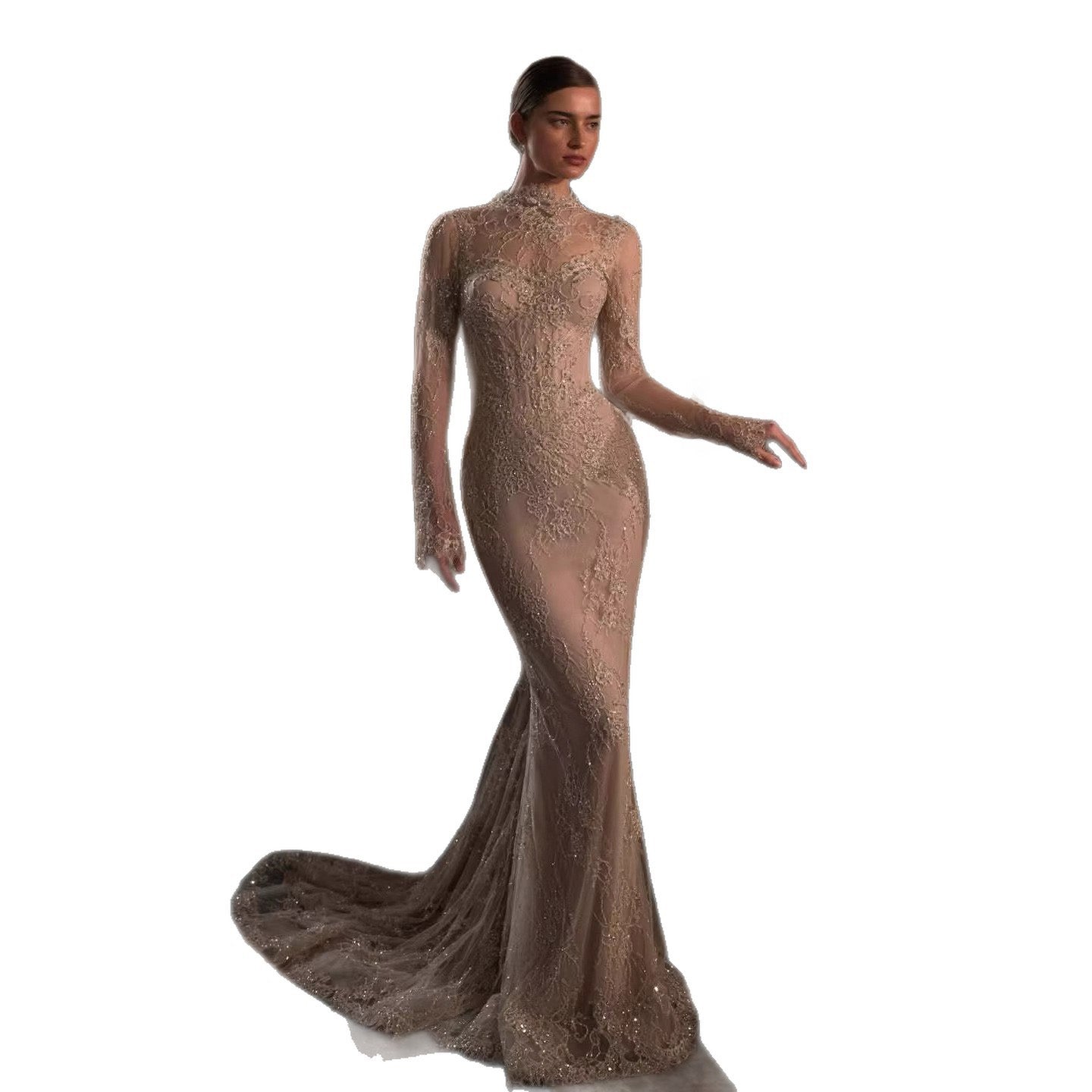 Luxury Nude Beaded Lace Long Sleeve Mermaid Evening Dress LA72545A - SERENE  HILL
