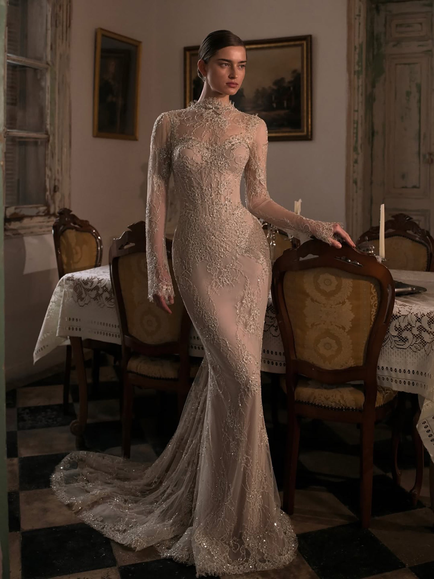 Luxury Nude Beaded Lace Long Sleeve Mermaid Evening Dress LA72545A - SERENE  HILL