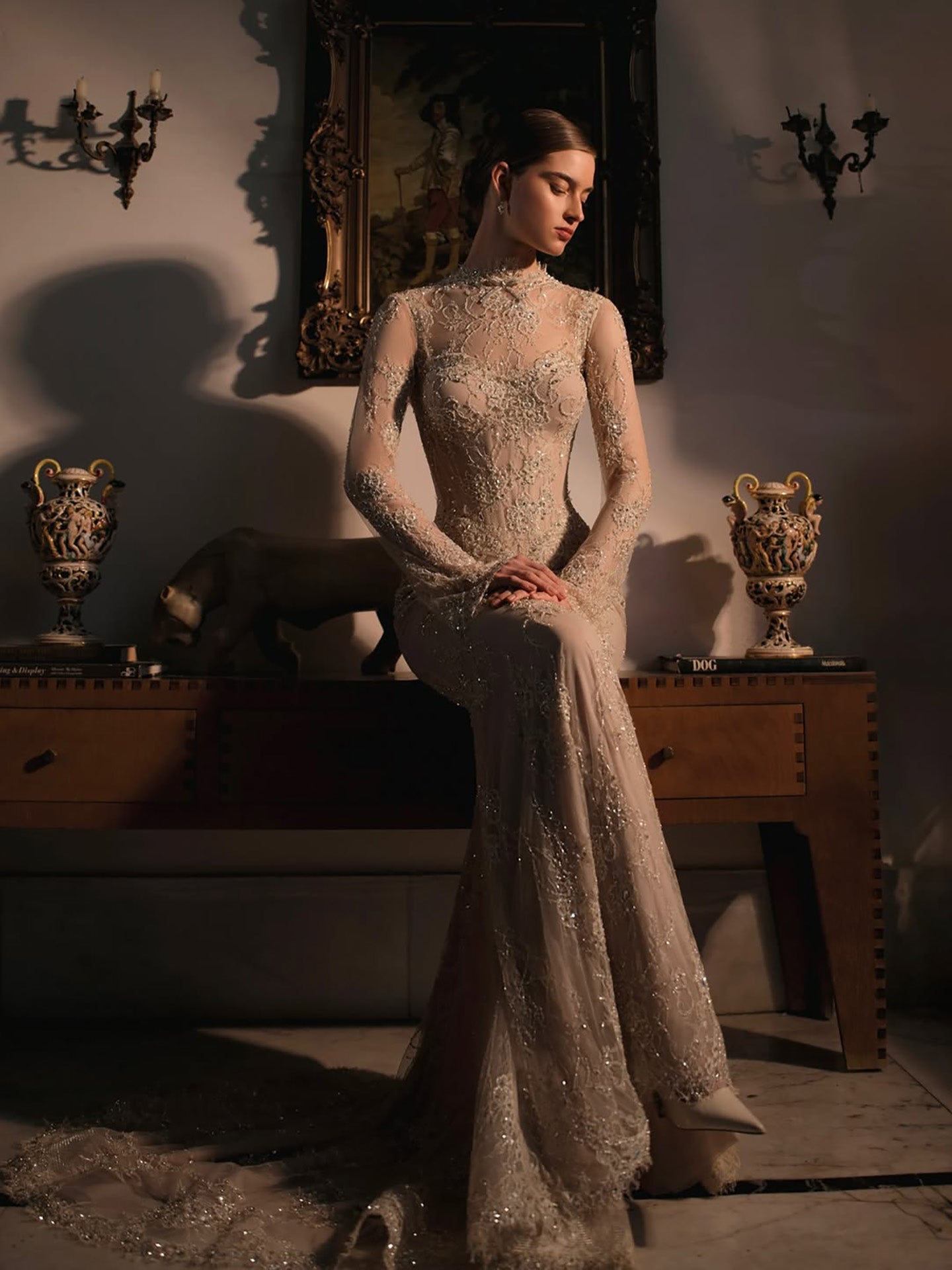 Luxury Nude Beaded Lace Long Sleeve Mermaid Evening Dress LA72545A - SERENE  HILL