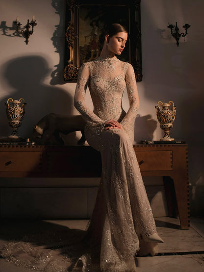 Luxury Nude Beaded Lace Long Sleeve Mermaid Evening Dress LA72545A - SERENE  HILL