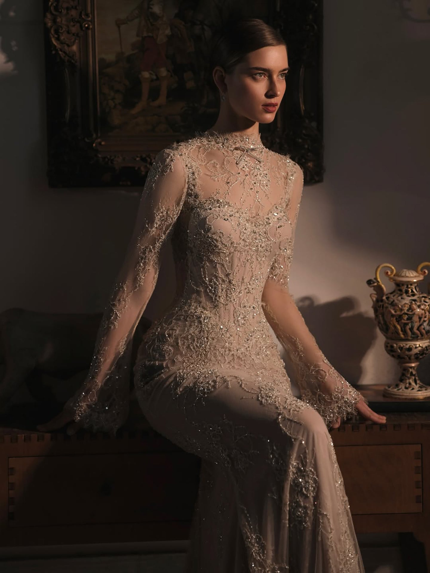 Luxury Nude Beaded Lace Long Sleeve Mermaid Evening Dress LA72545A - SERENE  HILL