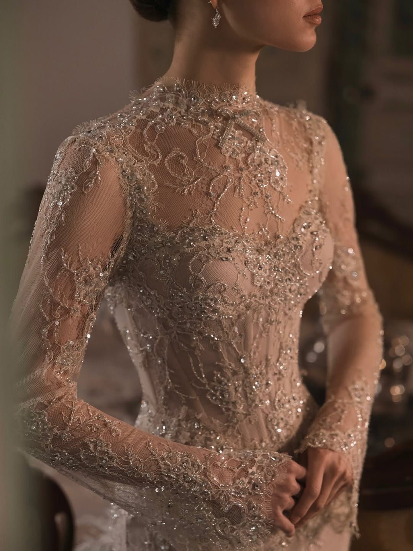 Luxury Nude Beaded Lace Long Sleeve Mermaid Evening Dress LA72545A - SERENE  HILL