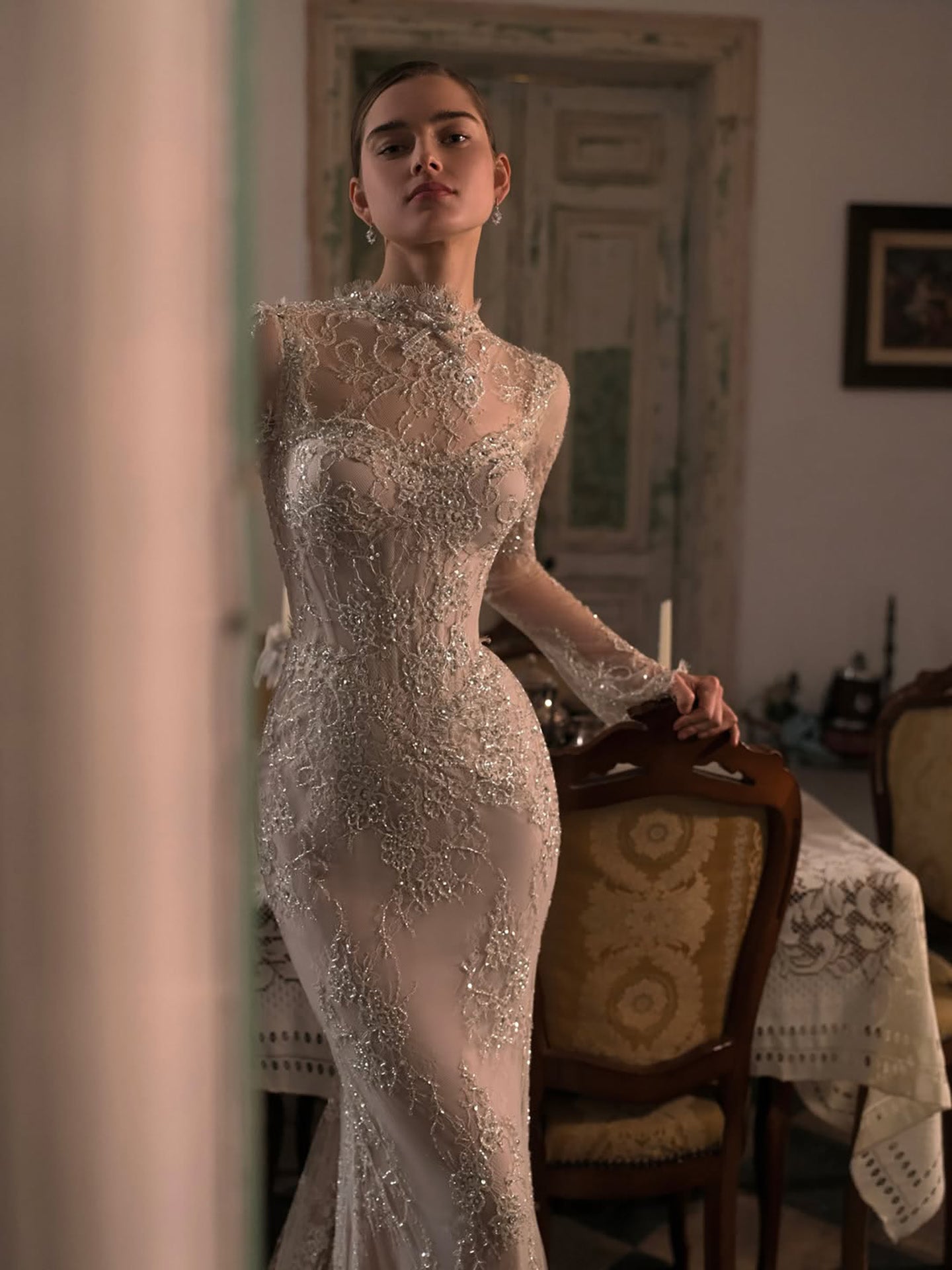 Luxury Nude Beaded Lace Long Sleeve Mermaid Evening Dress LA72545A – SERENE  HILL