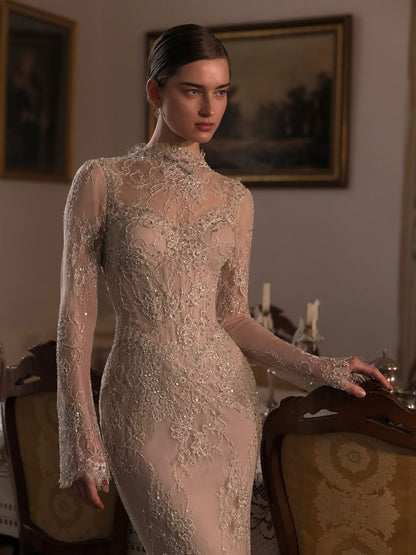 Luxury Nude Beaded Lace Long Sleeve Mermaid Evening Dress LA72545A - SERENE  HILL