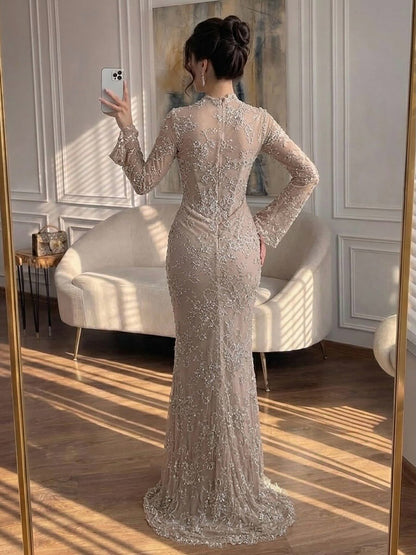 Luxury Nude Beaded Lace Long Sleeve Mermaid Evening Dress LA72545A SERENE HILL