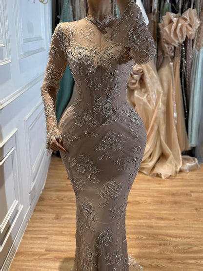 Luxury Nude Beaded Lace Long Sleeve Mermaid Evening Dress LA72545A SERENE HILL