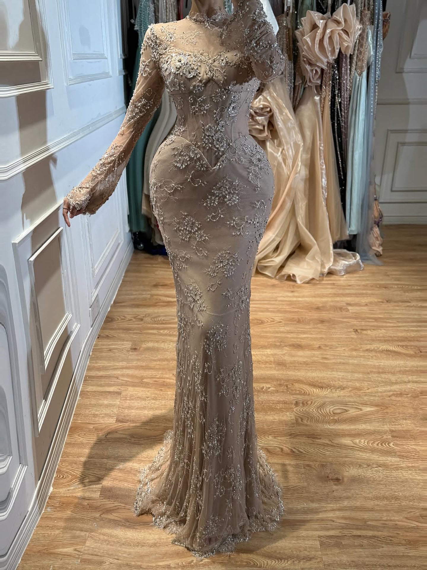 Luxury Nude Beaded Lace Long Sleeve Mermaid Evening Dress LA72545A SERENE HILL