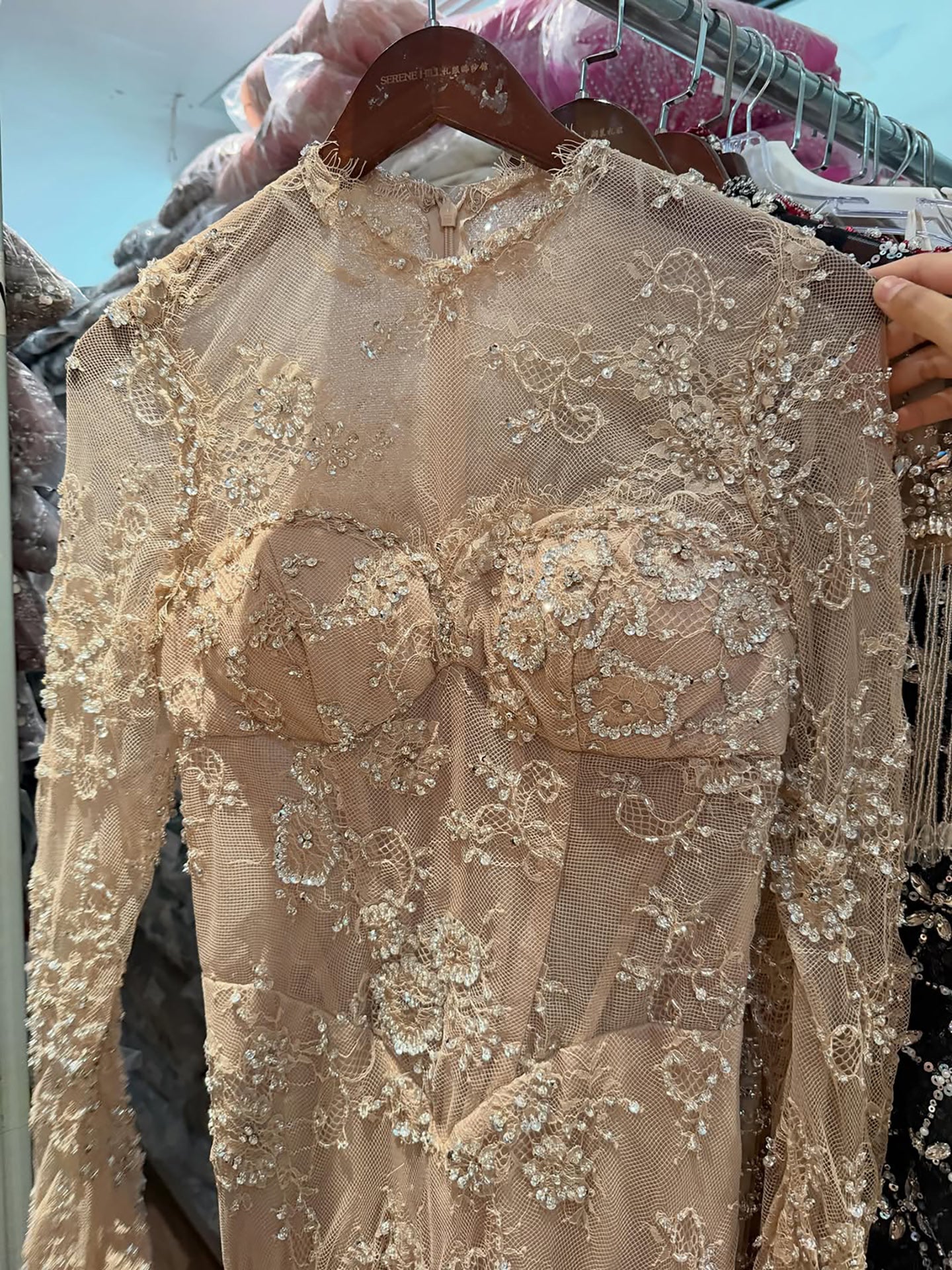 Luxury Nude Beaded Lace Long Sleeve Mermaid Evening Dress LA72545A SERENE HILL