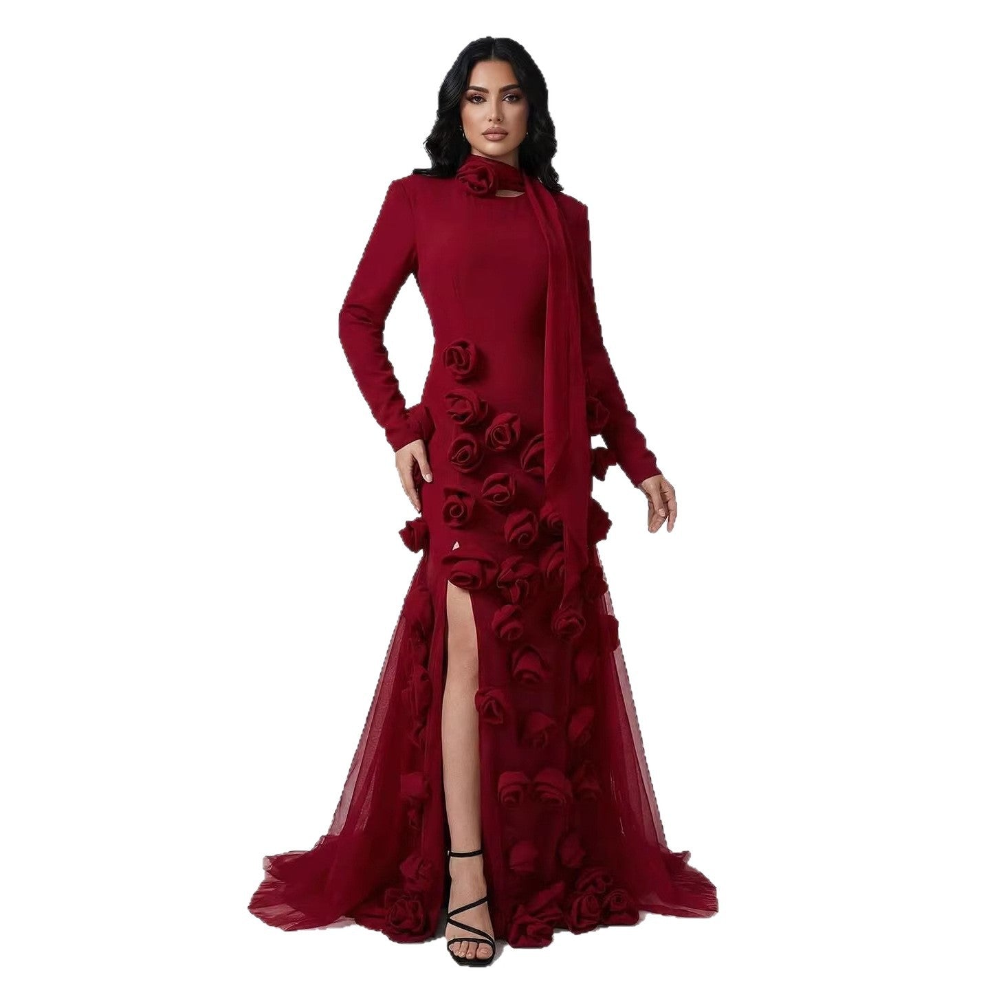 Luxury Wine Red Long Sleeve 3D Flower Slit Mermaid Evening Dress LA72568B