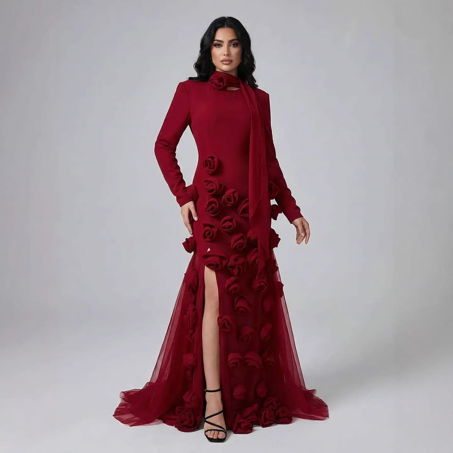 Luxury Wine Red Long Sleeve 3D Flower Slit Mermaid Evening Dress LA72568B