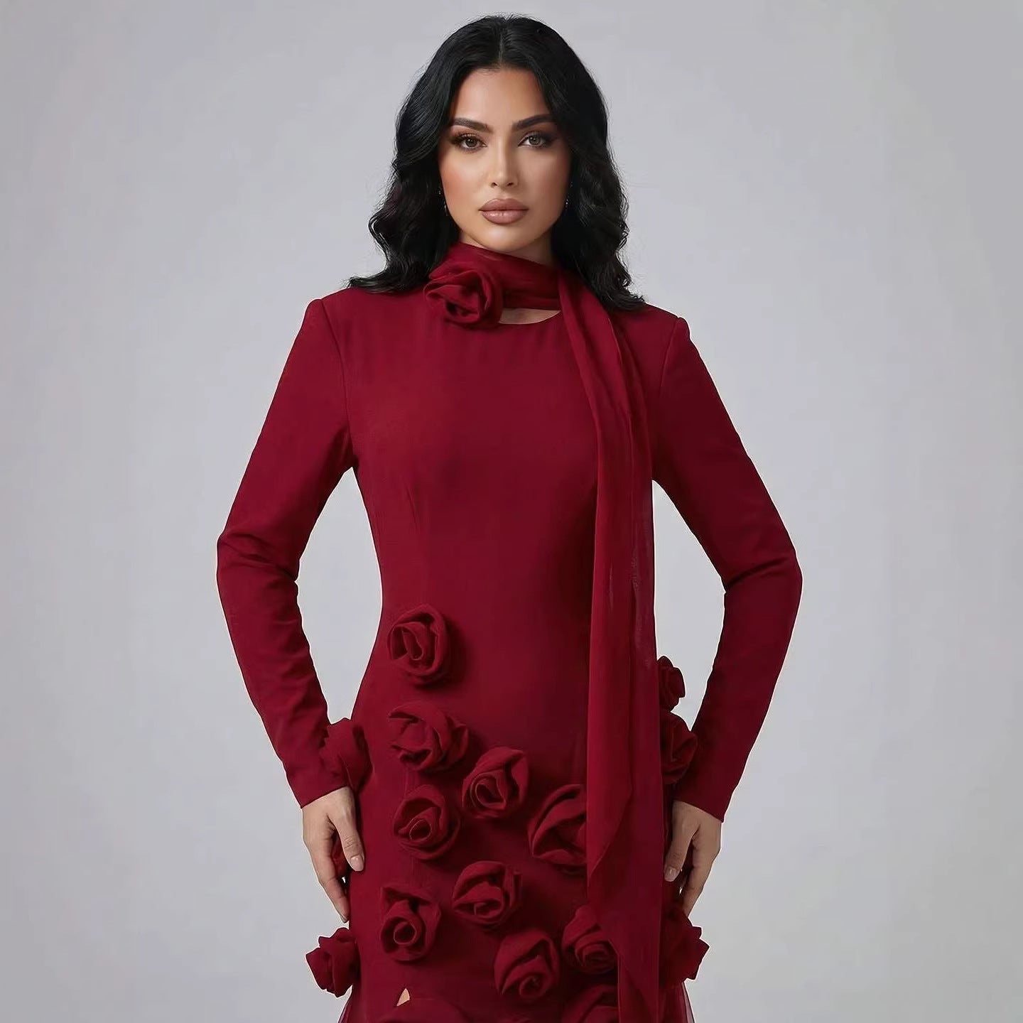 Luxury Wine Red Long Sleeve 3D Flower Slit Mermaid Evening Dress LA72568B