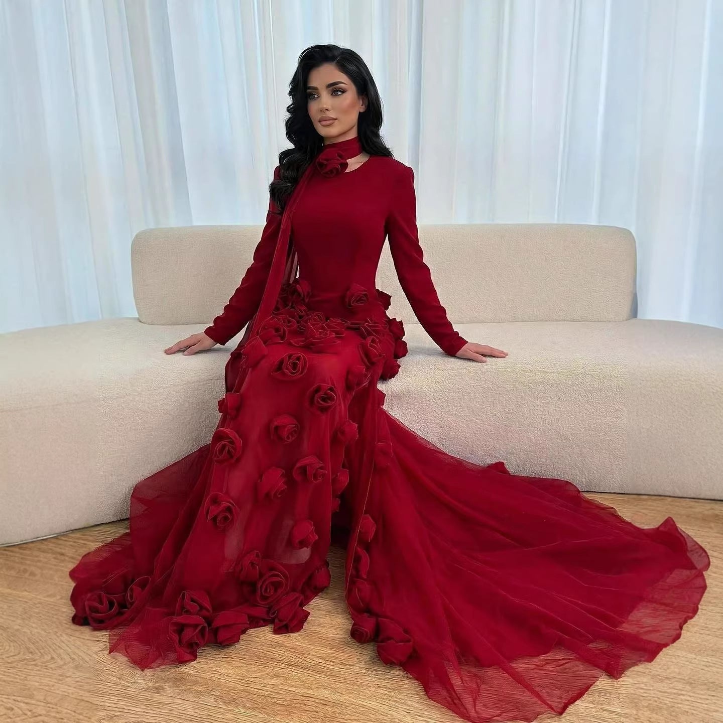 Luxury Wine Red Long Sleeve 3D Flower Slit Mermaid Evening Dress LA72568B