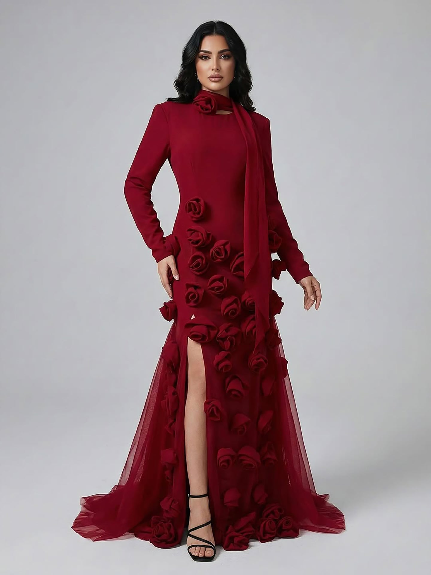 Luxury Wine Red Long Sleeve 3D Flower Slit Mermaid Evening Dress LA72568B