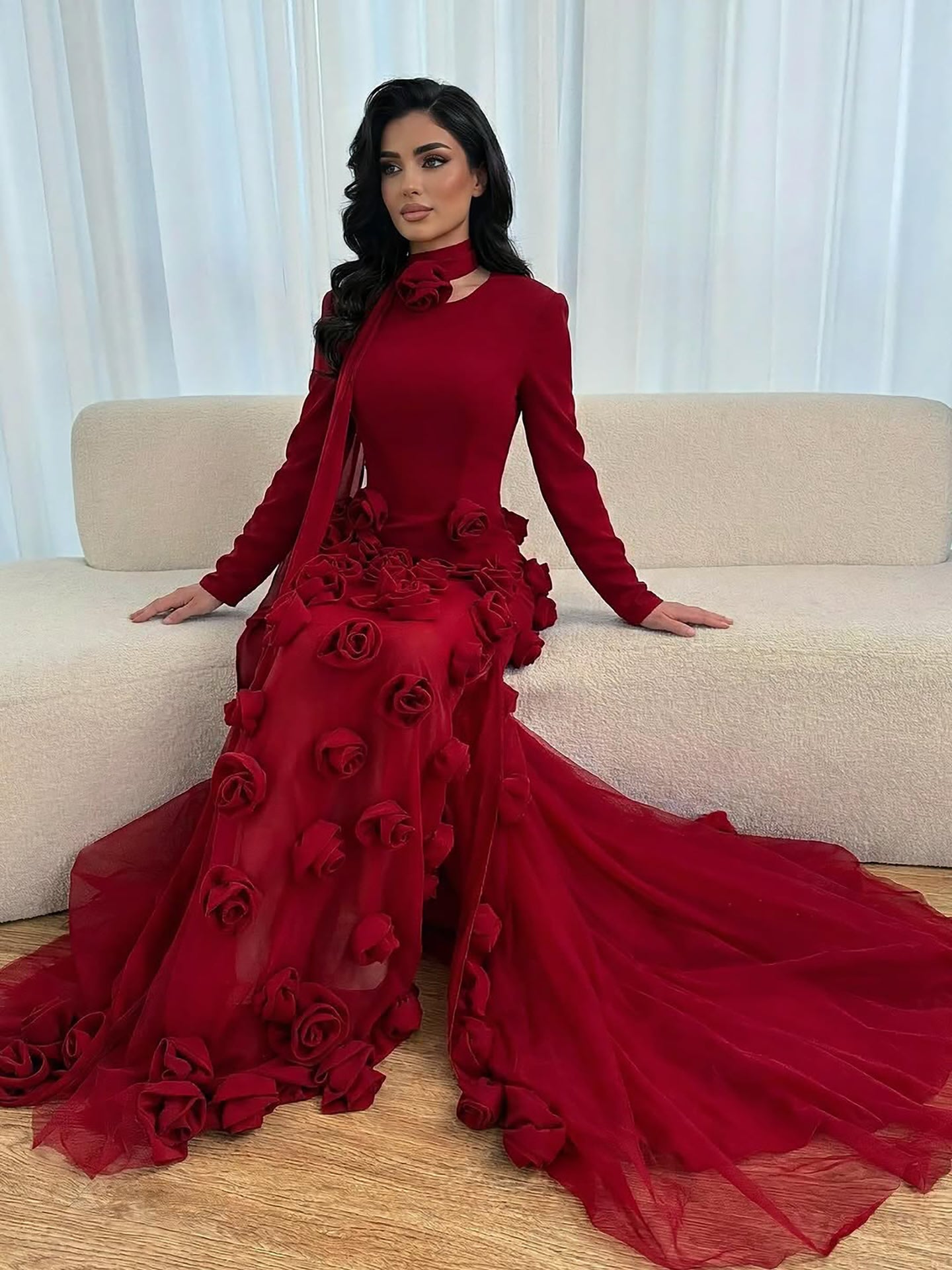 Luxury Wine Red Long Sleeve 3D Flower Slit Mermaid Evening Dress LA72568B