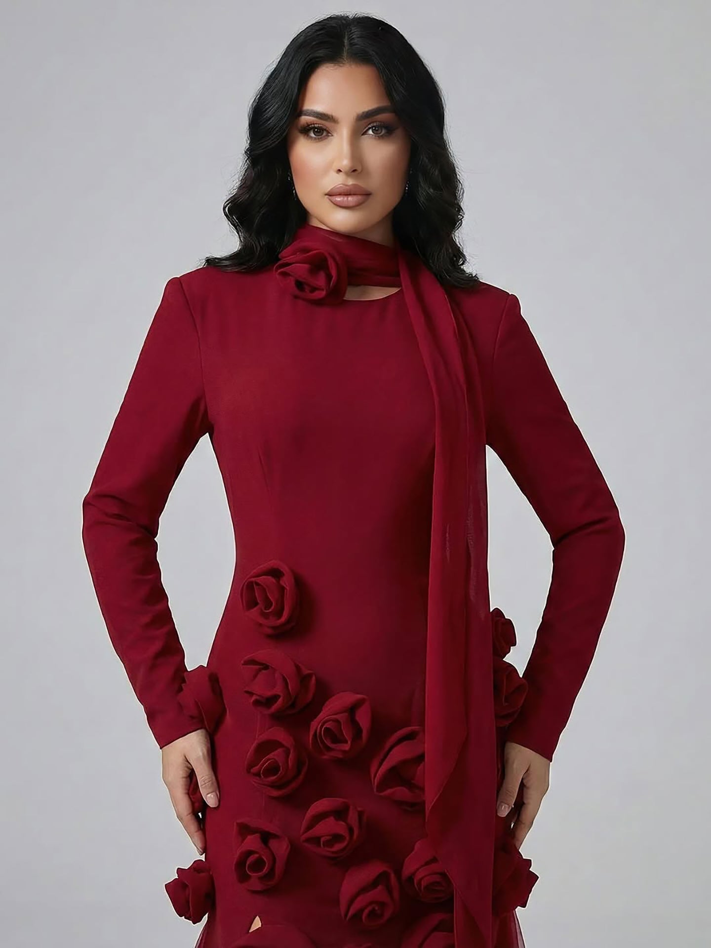Luxury Wine Red Long Sleeve 3D Flower Slit Mermaid Evening Dress LA72568B