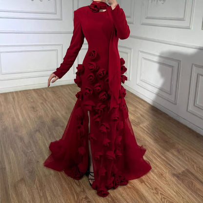 Luxury Wine Red Long Sleeve 3D Flower Slit Mermaid Evening Dress LA72568B