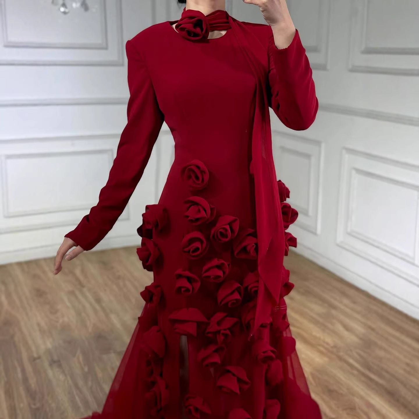 Luxury Wine Red Long Sleeve 3D Flower Slit Mermaid Evening Dress LA72568B